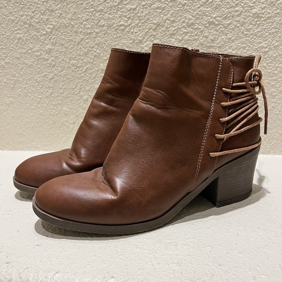 BAMBOO Shoes - Bamboo Brown Booties Zipper Tie Back Ankle Boots Women's Size 9‎ Faux Leather
